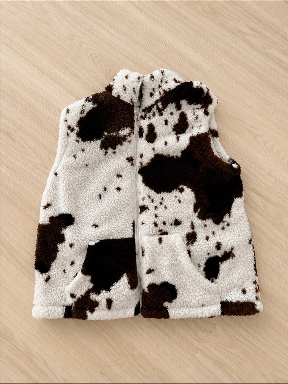 SHEIN Brown & White Cow-Print Sherpa Vest - Picture 1 of 2